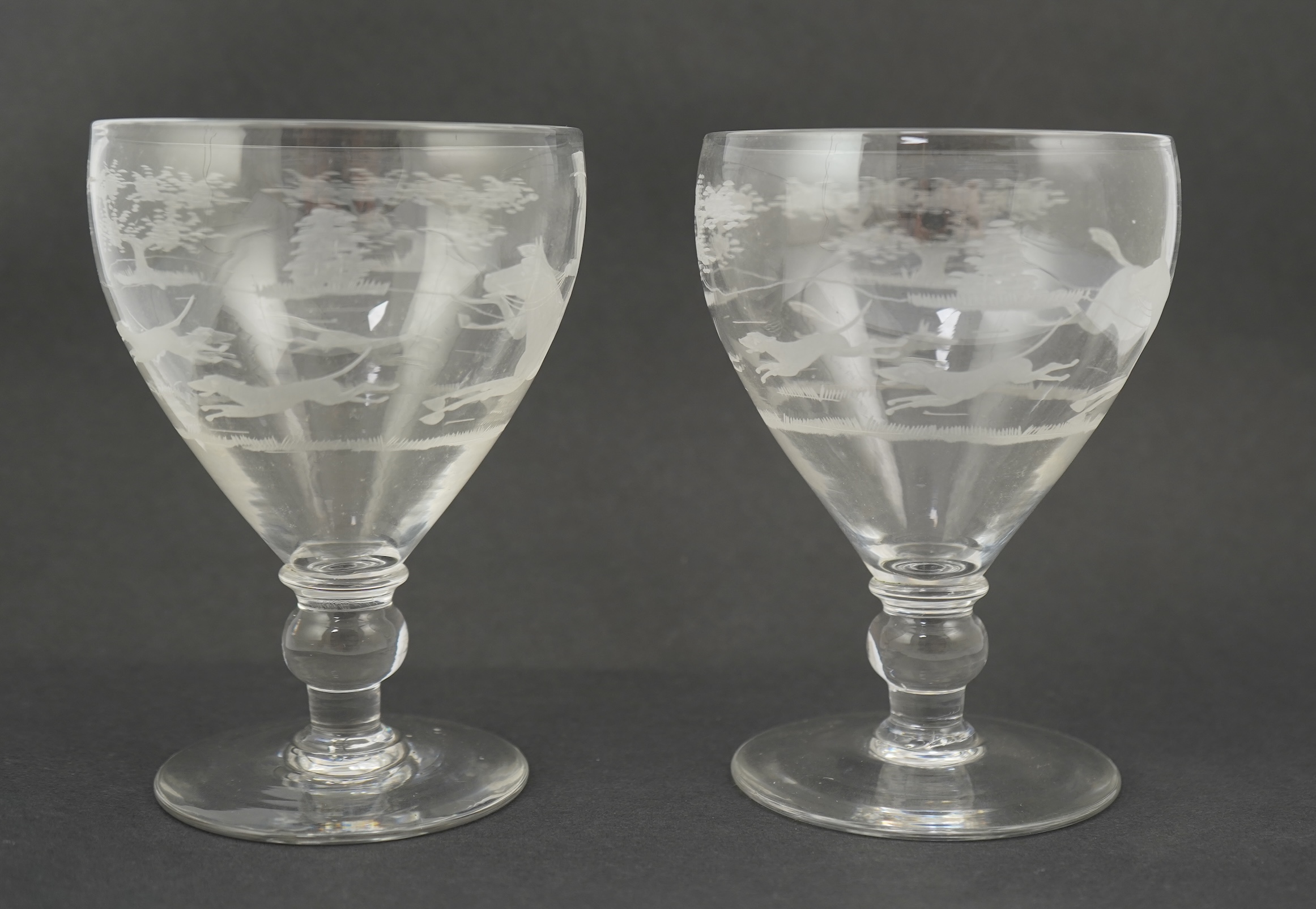 A pair of large late 18th century rummers with knopped stems